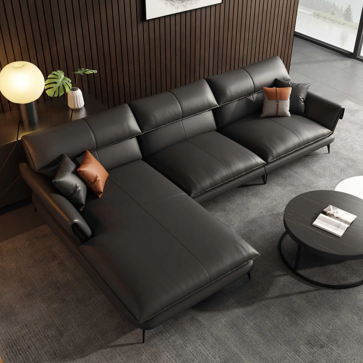 Milano L-Shape Sectional Sofa in Black Leather