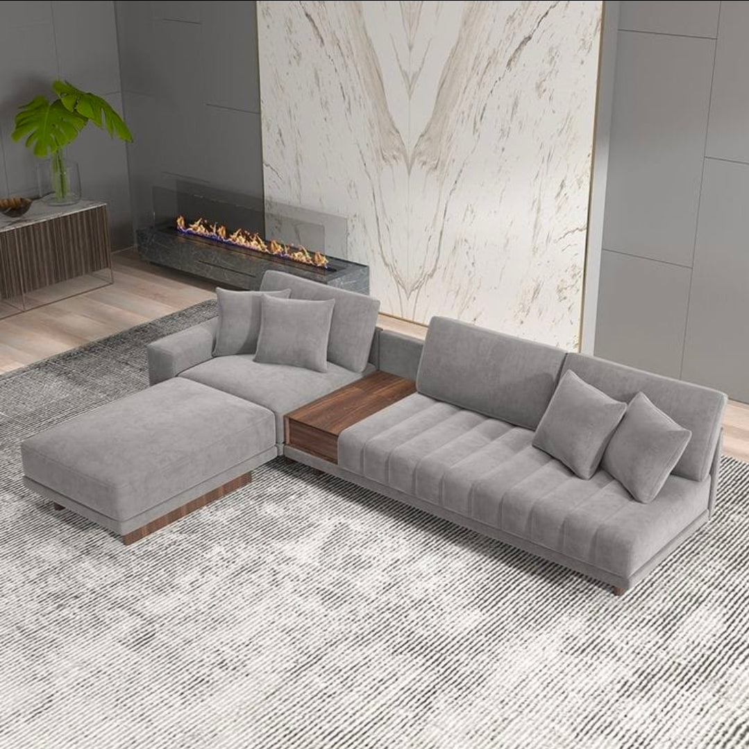 Modular L-Shape Sectional Sofa with Walnut Console