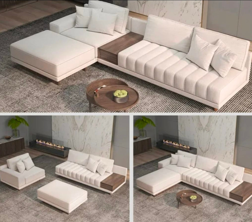 Modular L-Shape Sectional Sofa with Walnut Console