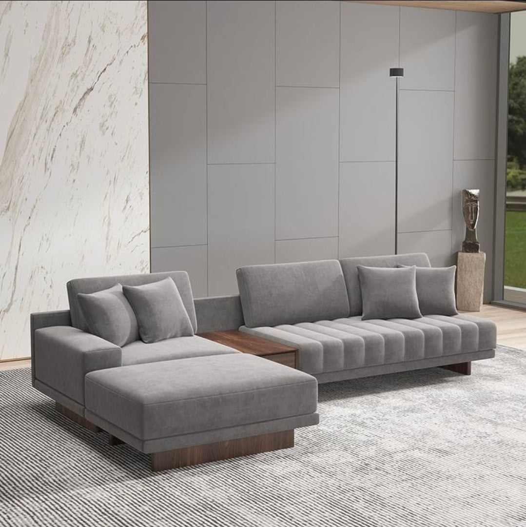 Modular L-Shape Sectional Sofa with Walnut Console