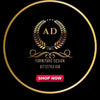 Furniture design logo with 'AD' and contact information on a black background