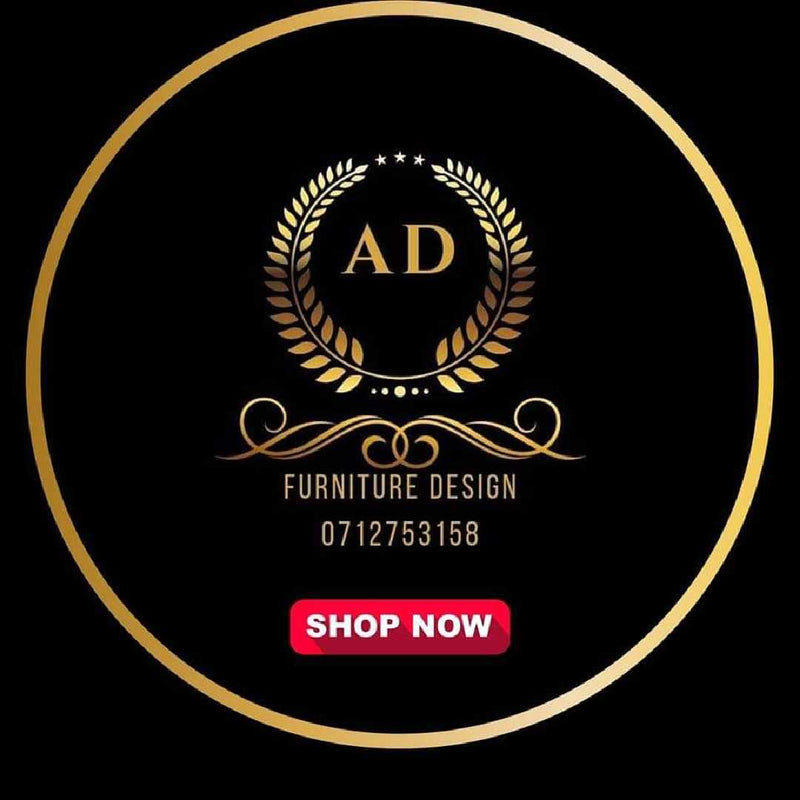 Furniture design logo with 'AD' and contact information on a black background