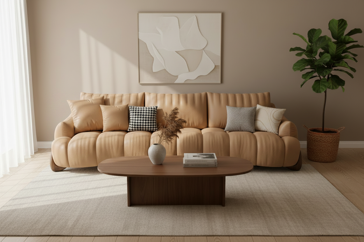 Beige Genuine Leather Sofa