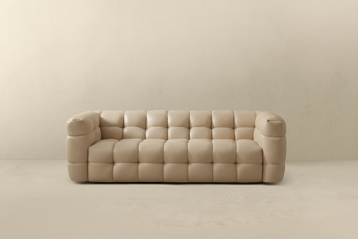 Beige Leather Cube Sofa