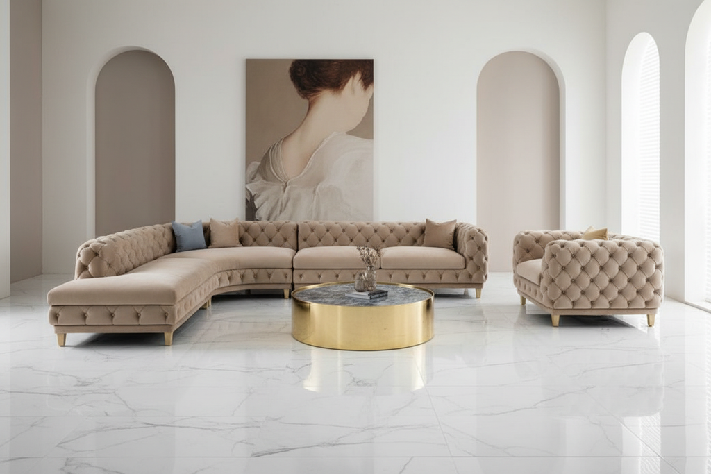 Beige Velvet Chesterfield Sofa Set