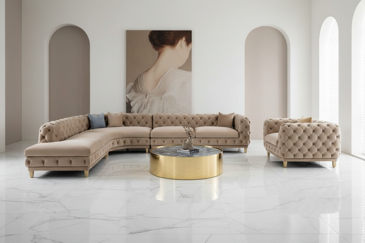 Beige Velvet Chesterfield Sofa Set