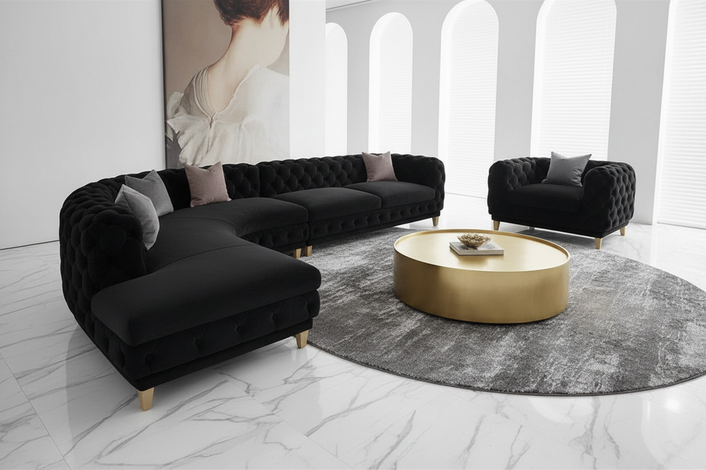 Black Velvet Chesterfield Sofa Set