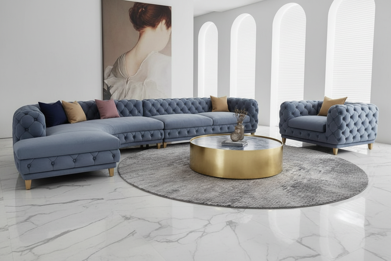 Blue Velvet Chesterfield Sofa Set