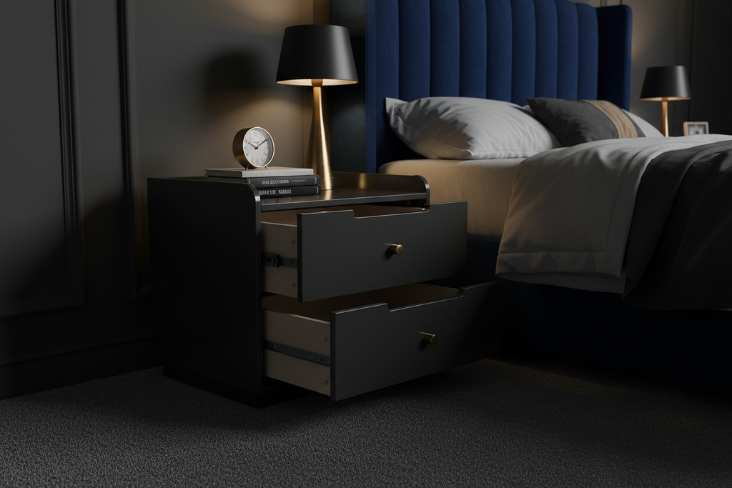 Charcoal Bedside Table - Moody Bedroom