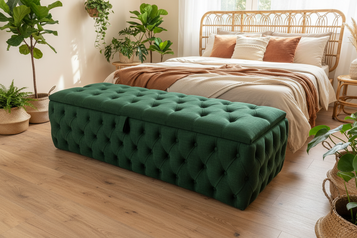 Forest Green Linen Blanket Box
