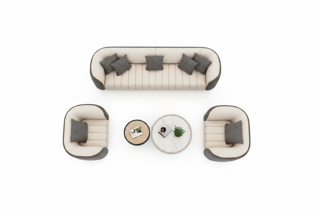 Overhead bird's eye view, clean white background
