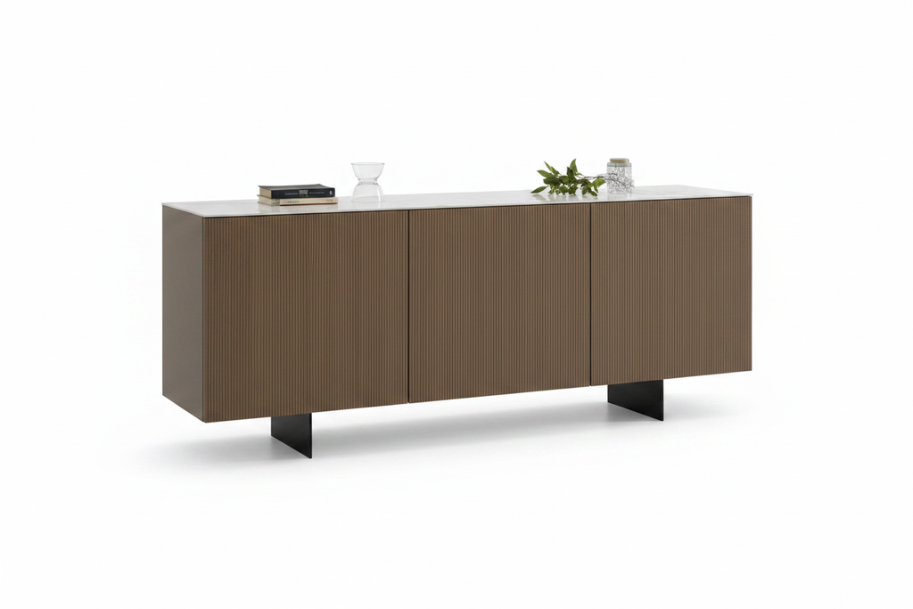 Marble Top Ribbed Sideboard with Black Metal Legs