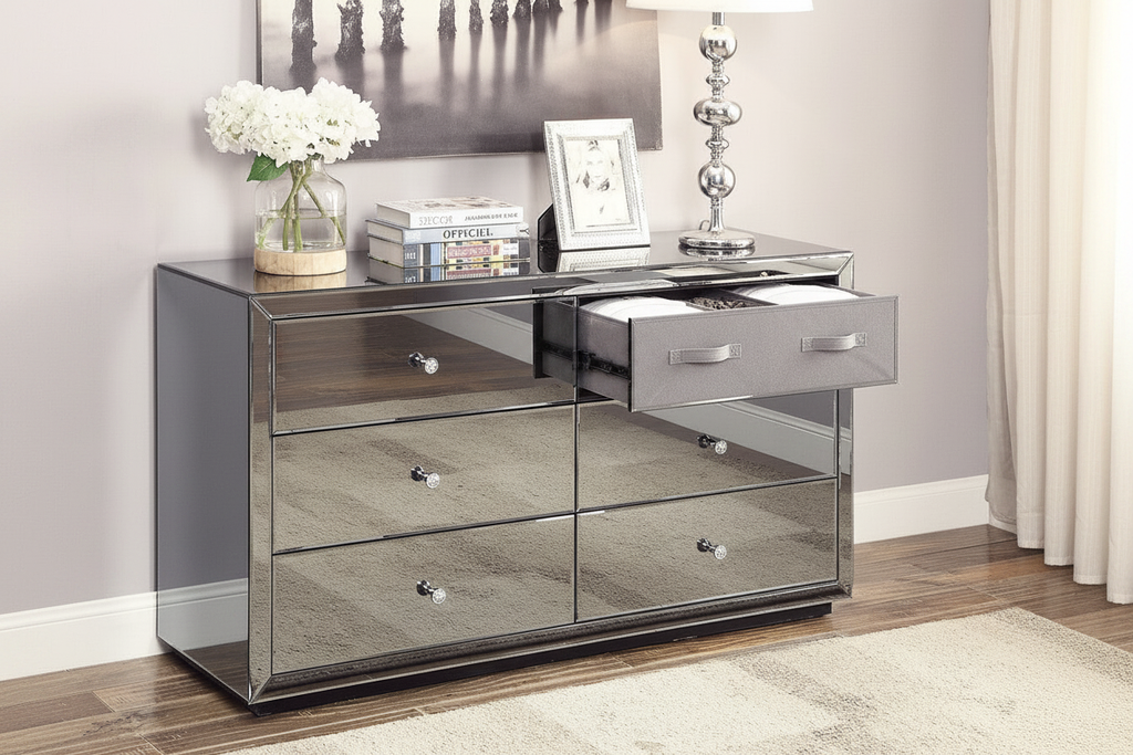 Glam Smoked Mirror Dresser - drawer open detail