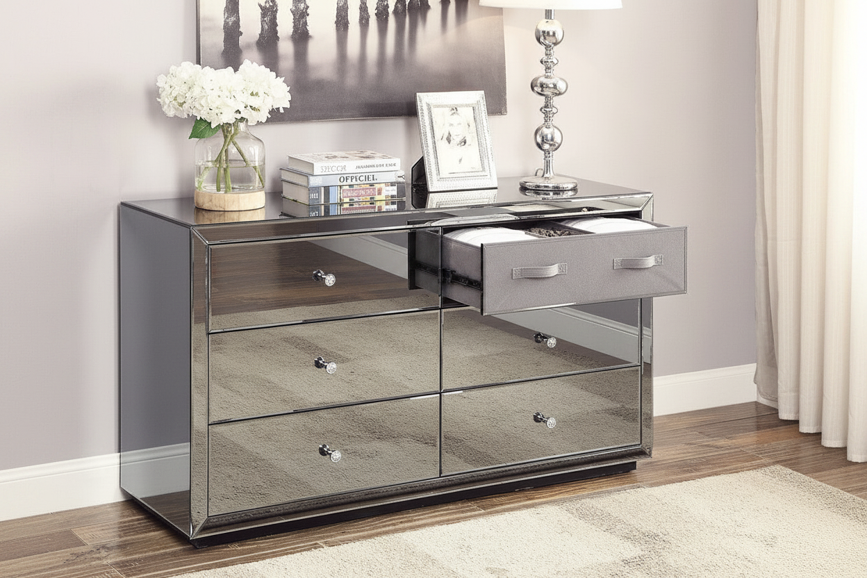 Glam Smoked Mirror Dresser - drawer open detail