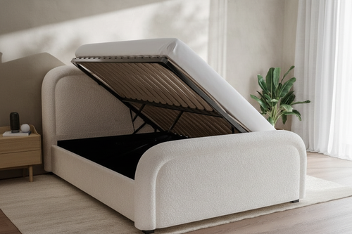 Aria Boucle Storage Bed - hydraulic lift base open, three-quarter angle showing deep storage compartment