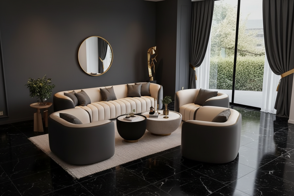 45-degree angle, dark luxury interior with marble and gold accents