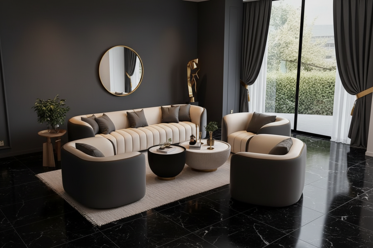 45-degree angle, dark luxury interior with marble and gold accents
