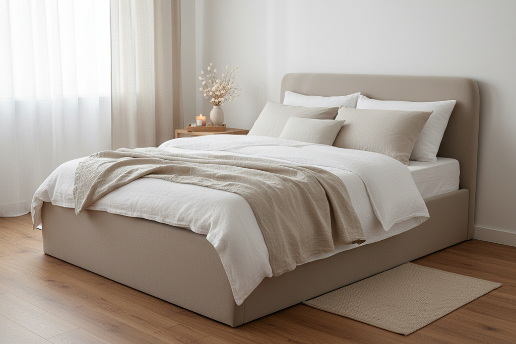 Aria Upholstered Storage Bed - warm lifestyle linen bedroom styling