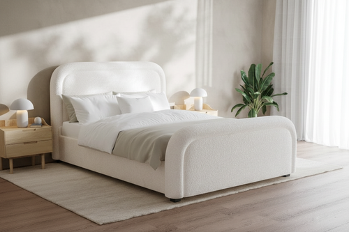 Aria Boucle Bed - rear three-quarter angle showing headboard detail