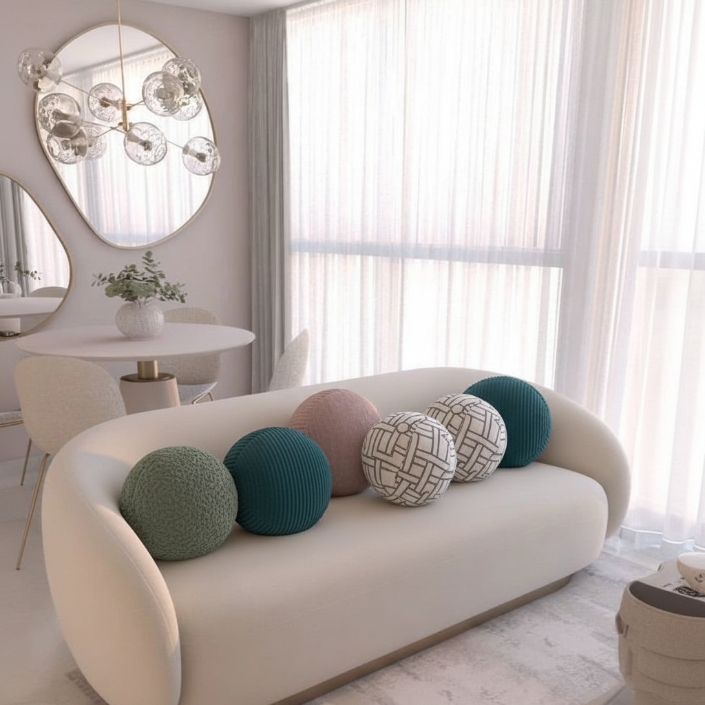 Round ball scatter cushions – multi-fabric group shot on white curved sofa