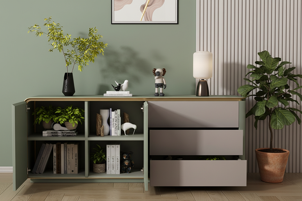 Elara Luxury Sideboard - Sage with open shelving