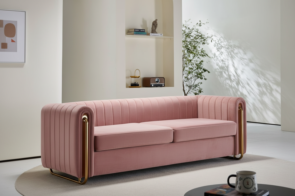 Cleo Gold-Frame Channel Velvet Sofa