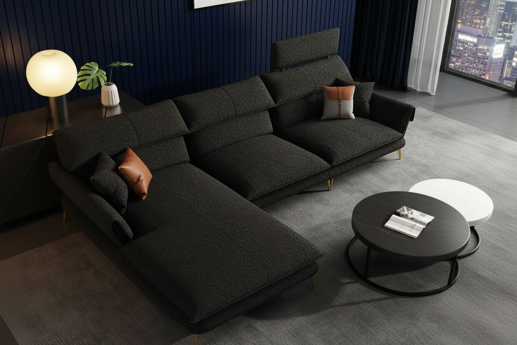 Milano L-Shape Sectional Sofa in Charcoal Black Boucle