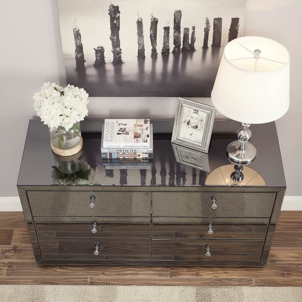 Glam Smoked Mirror Dresser - top-down surface view