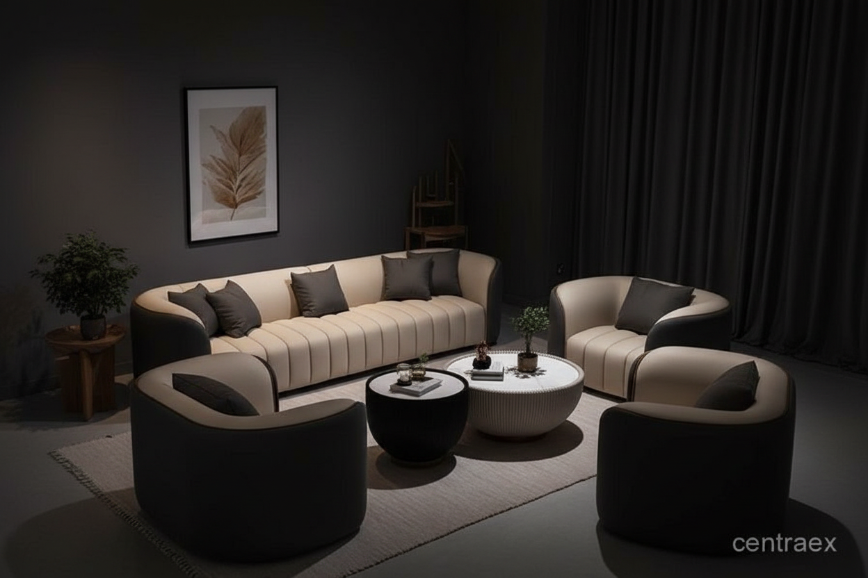 Front-on view, dark moody showroom interior