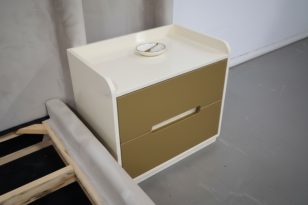 Luxury bedside pedestal top angle view drawers closed