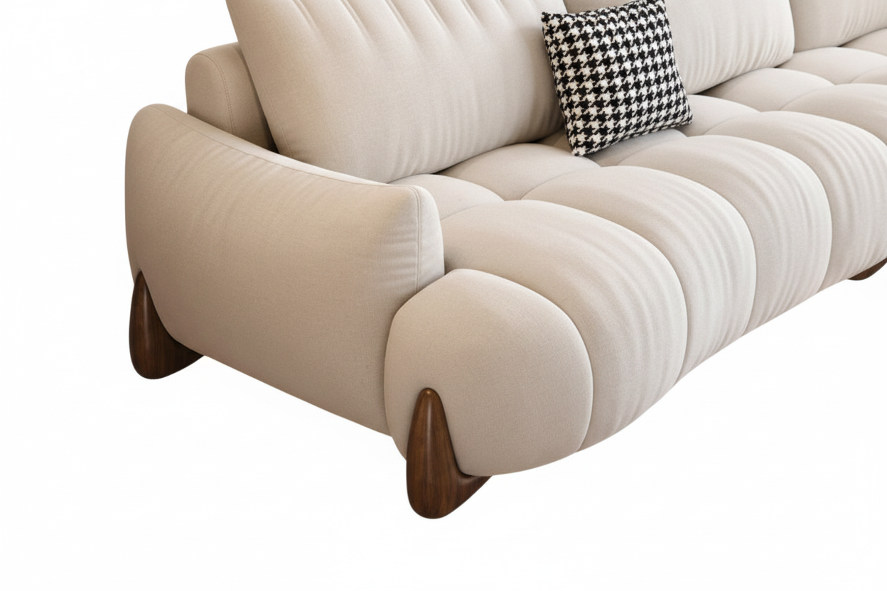 Nova Channel Tufted Sofa - walnut wood leg and curved arm base detail