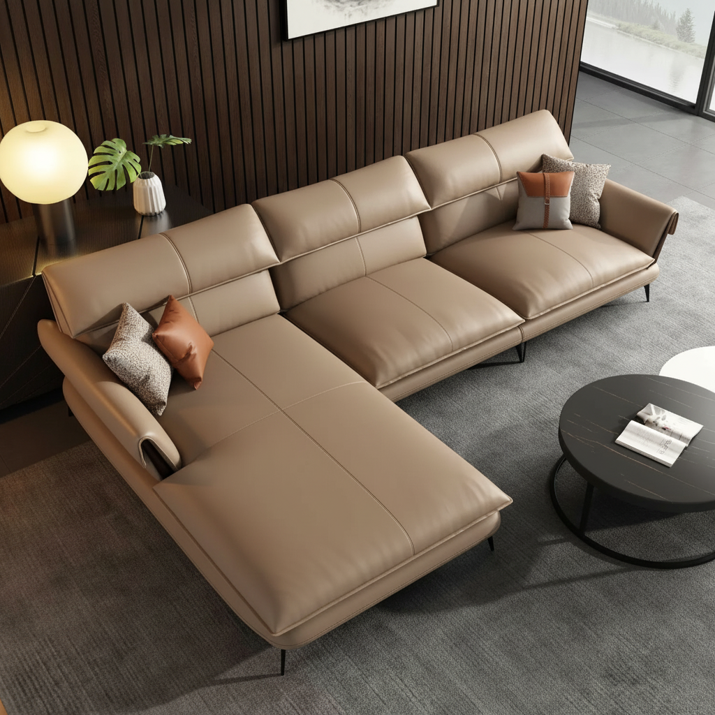 Milano L-Shape Sectional Sofa in Beige Leather