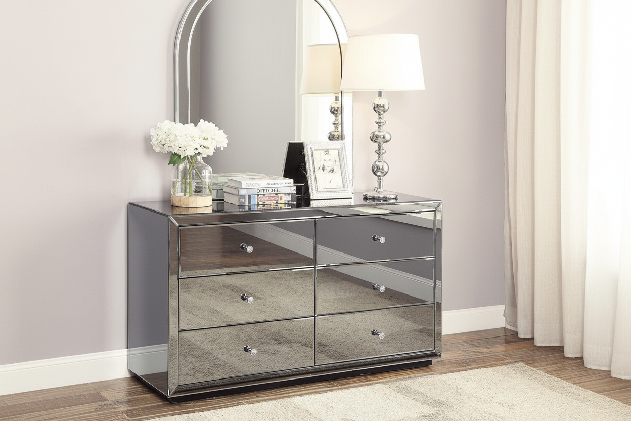 Glam Smoked Mirror Dresser - glamorous bedroom lifestyle
