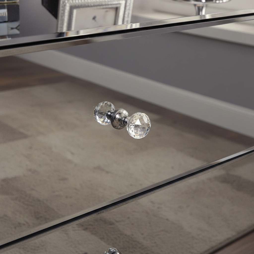 Glam Smoked Mirror Dresser - crystal knob detail