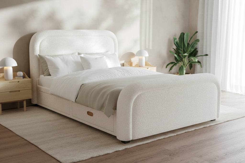 Aria Boucle Storage Bed - side angle view, styled bedroom