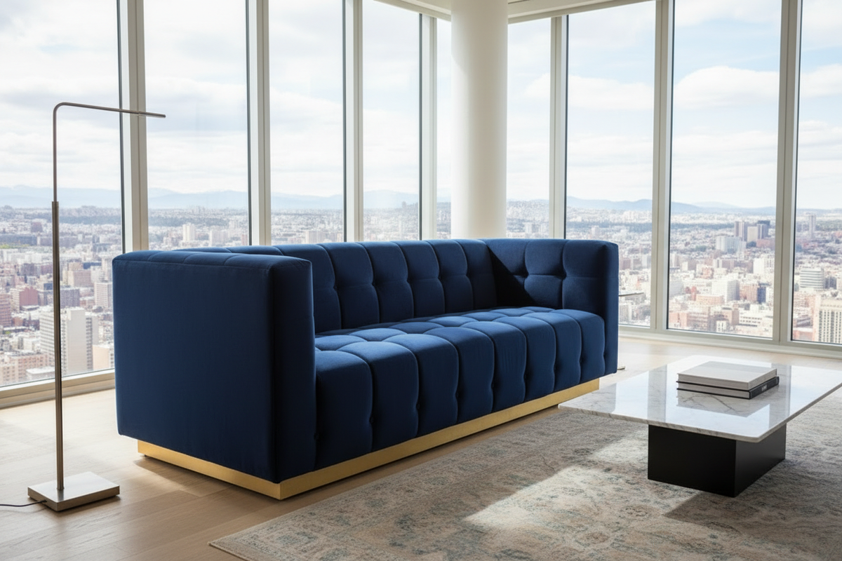 Luxury Boxy Tufted Velvet Sofa with Gold Base