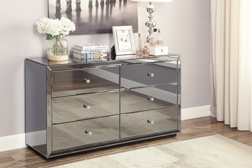 Glam Smoked Mirror Dresser - dressing room three-quarter view