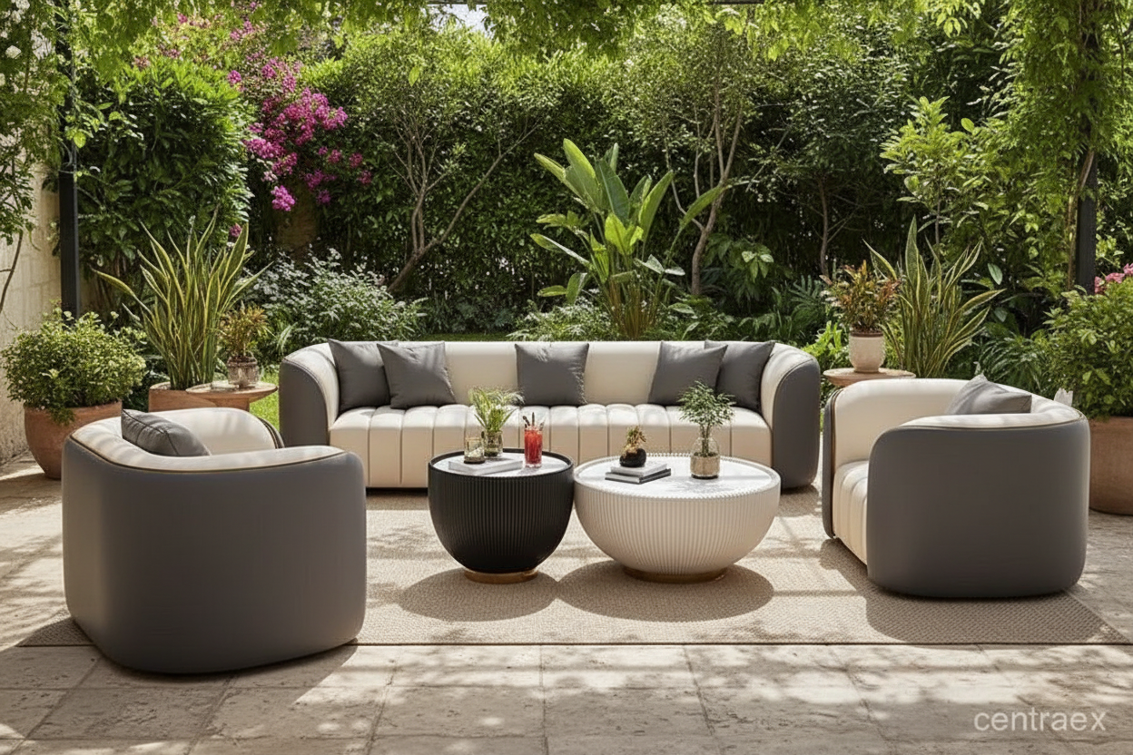Outdoor patio setting with lush garden background
