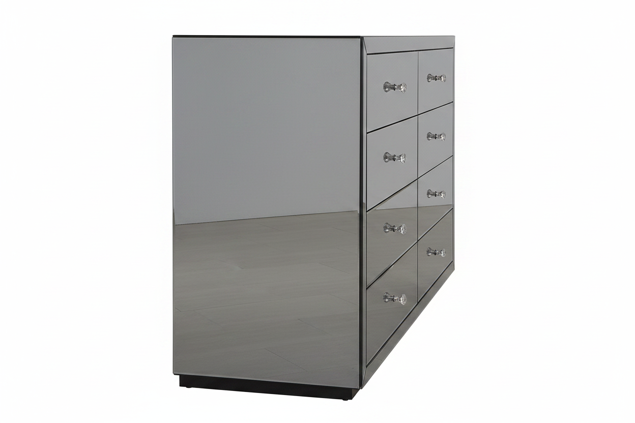 Glam Smoked Mirror Dresser - side profile view
