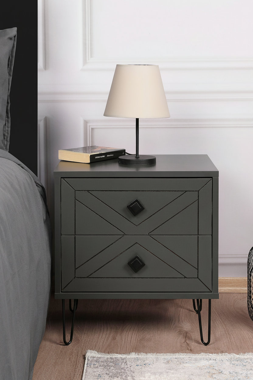 Nordic X-Pattern Bedside Table - three-quarter bedroom view