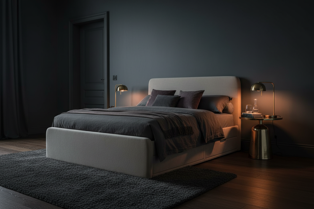 Aria Upholstered Storage Bed - dark moody luxury bedroom styling
