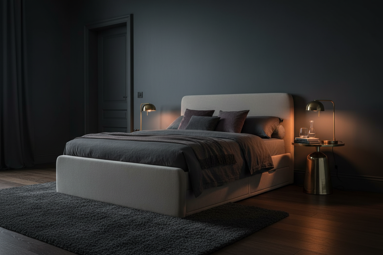 Aria Upholstered Storage Bed - dark moody luxury bedroom styling