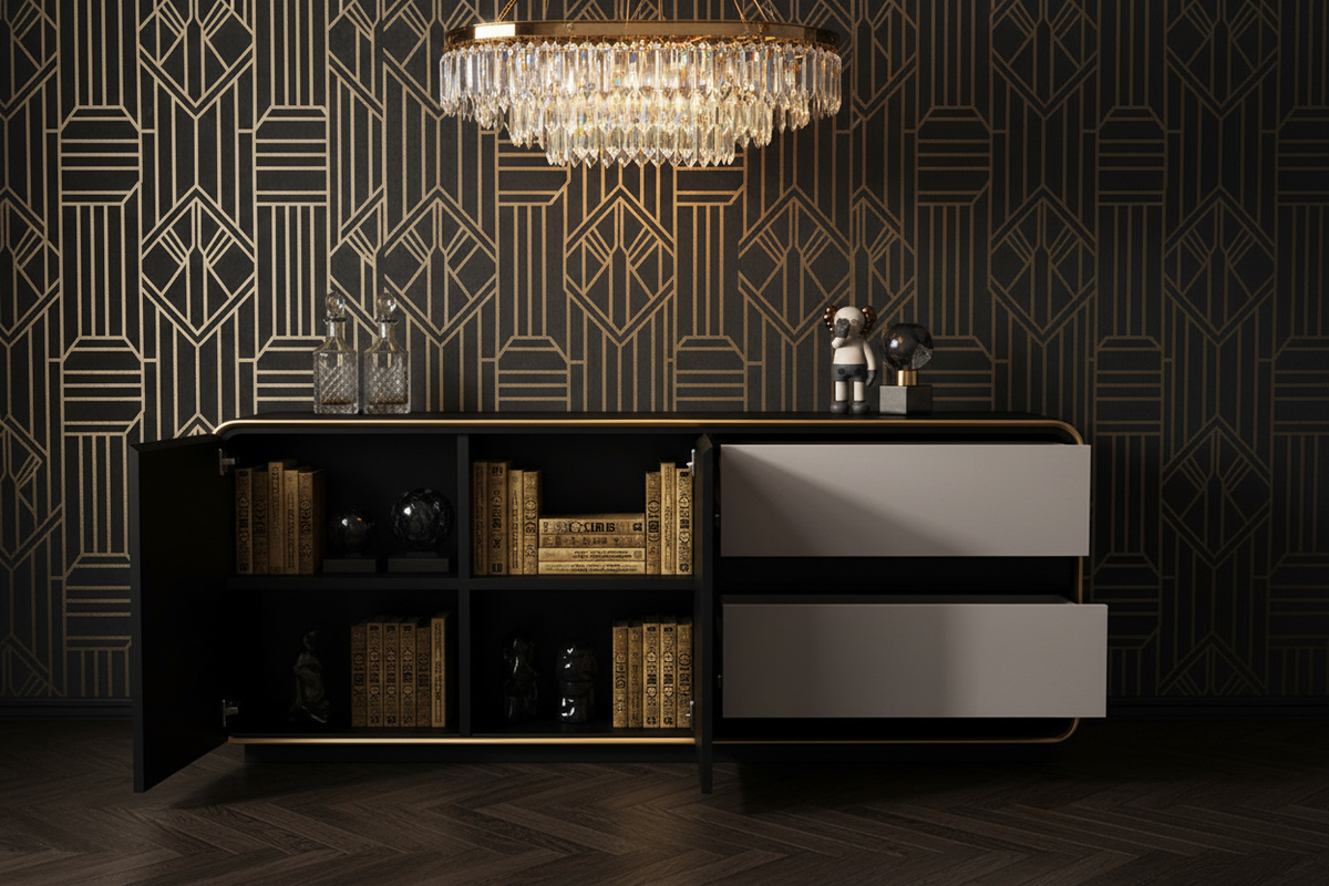 Elara Luxury Sideboard - Stone Gloss with open shelving