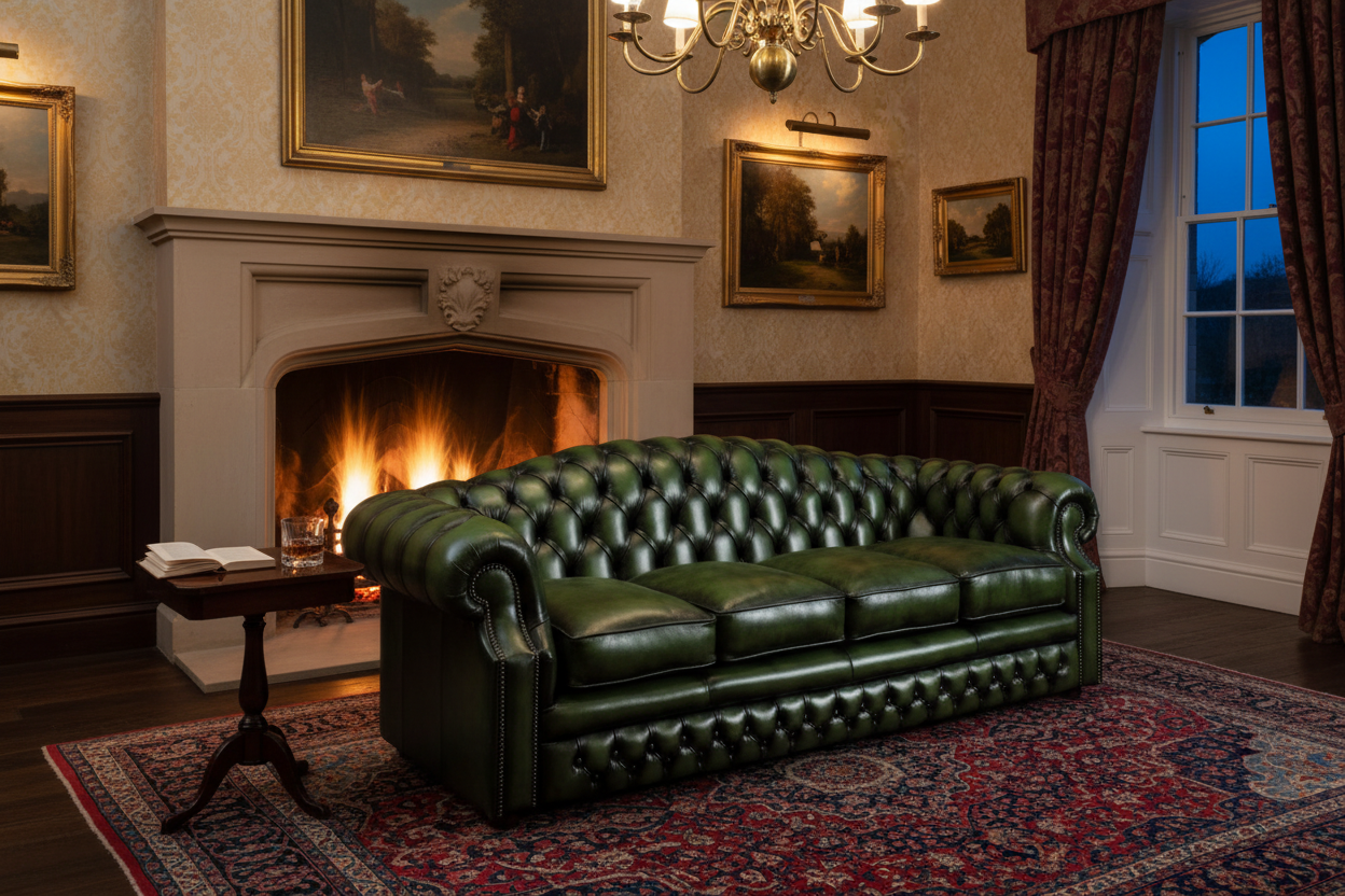 Churchill Chesterfield Sofa - evening fireplace mood