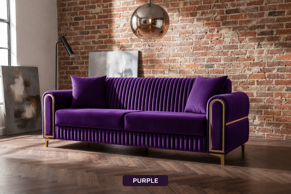 Purple Luxe Channel Tufted Velvet Sofa in brick room
