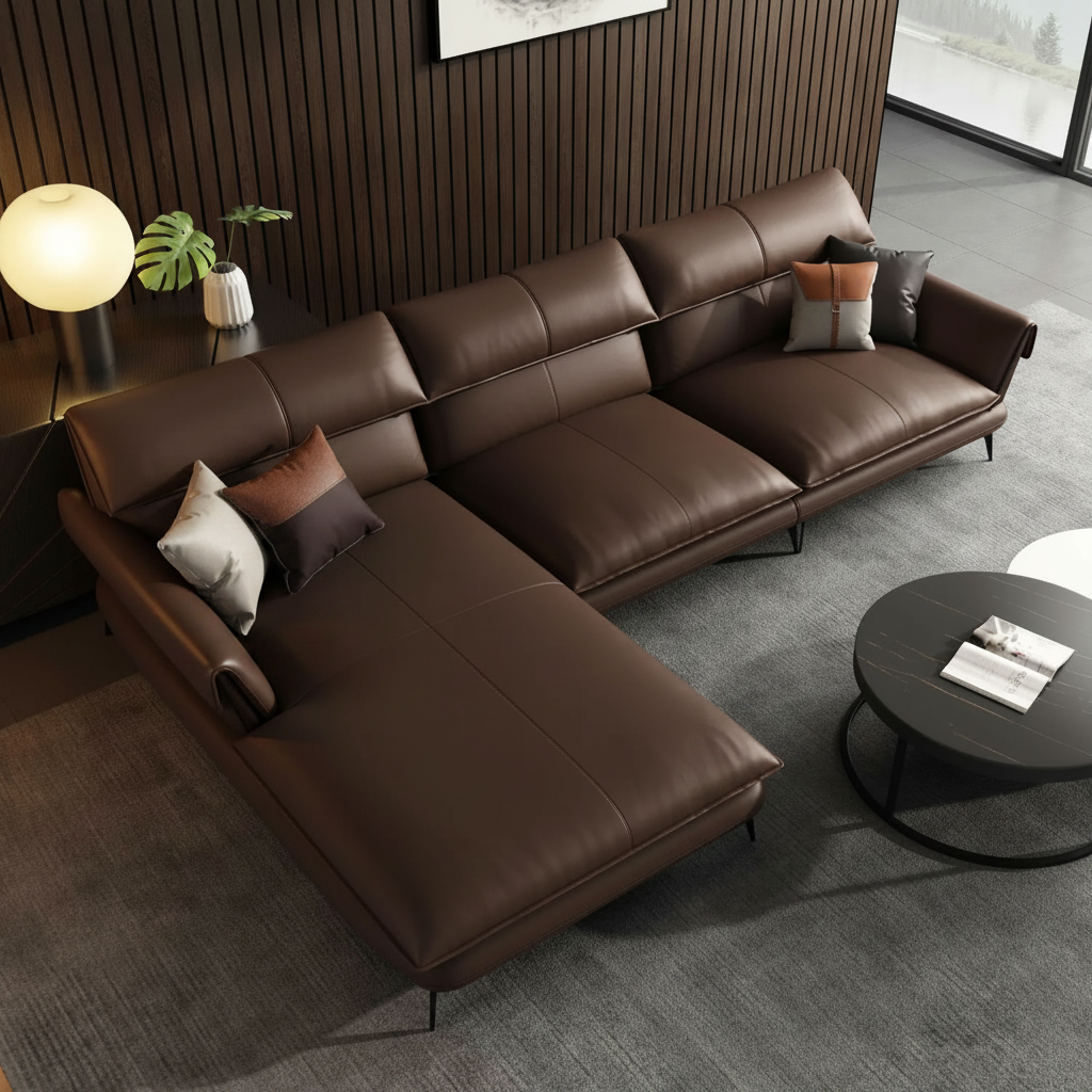 Milano L-Shape Sectional Sofa in Chocolate Brown Leather