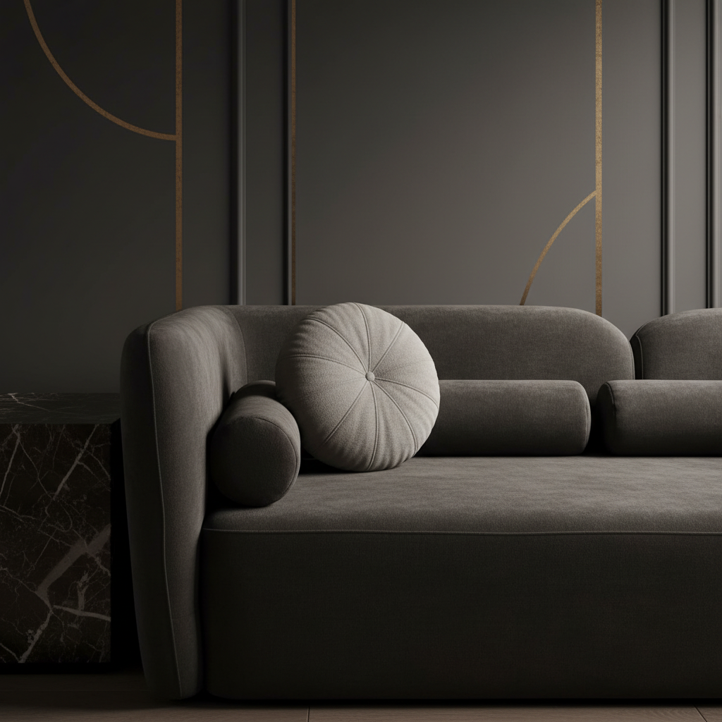 Round ball scatter cushion – warm grey linen on charcoal velvet sofa