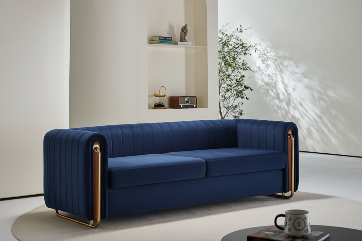 Cleo Gold-Frame Channel Velvet Sofa