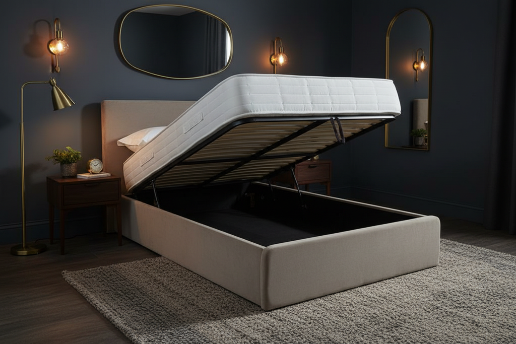 Aria Upholstered Storage Bed - open storage with mattress, dark moody luxury