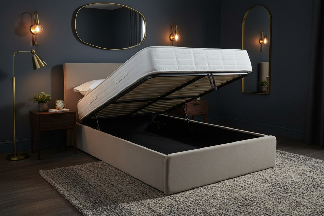 Aria Upholstered Storage Bed - open storage with mattress, dark moody luxury